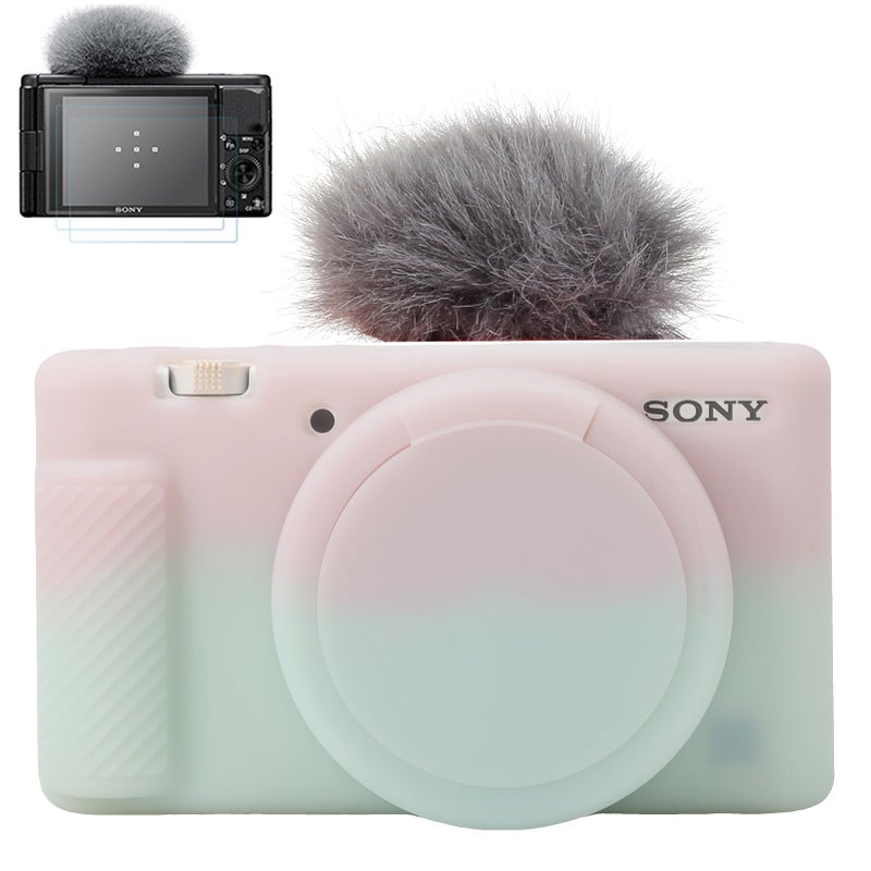 Pocoukate Camera Case for Sony ZV-1  ZV1 Camera Case Digital Camera Anti-Scratch Slim Fit Soft DSLR Camera Sleeve with Tempered Glass Protective Screen Protector for Sony ZV-1 - Green & Jelly Pink - Image 1